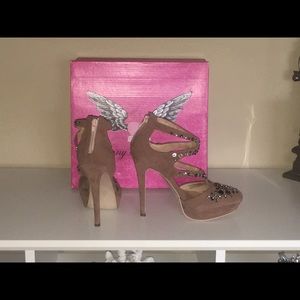 Penny Loves Kenny stud/jeweled tan FX suede heels